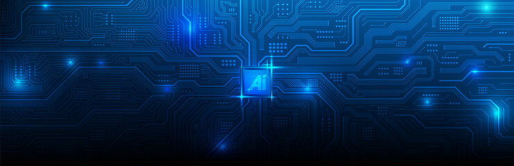 AI Artificial Intelligence chipset on circuit board in futuristic concept suitable for future technology artwork, Web Banner Abstract background, Vector illustration