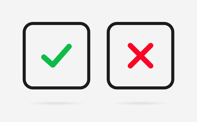 Yes or no icon. Green tick symbol and red cross sign in circle. Checkmark and check icon. Approval. Like and dislike icon. X or approve or deny line art vector icon for apps and websites and ui ux