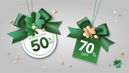 St Patrick's day sale design template. Green price tag with clover leaves and bow on gray background. Vector stock illustration. - 575668120