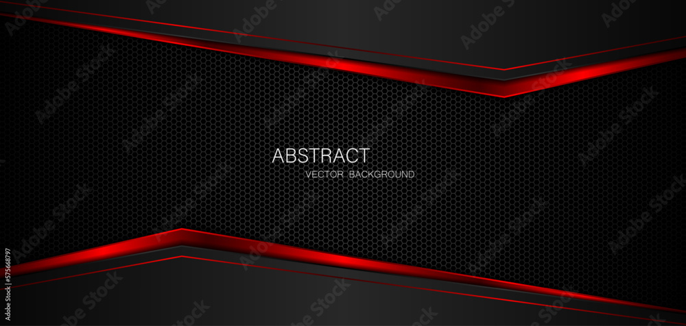 Aufkleber Abstract black and red polygon with red glow lines on dark steel mesh background with free space for design. modern technology innovation concept background
