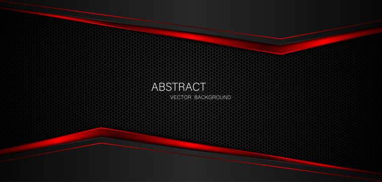 Abstract Black And Red Polygon With Red Glow Lines On Dark Steel Mesh Background With Free Space For Design. Modern Technology Innovation Concept Background
