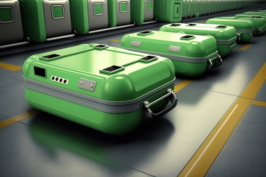 There Are A Lot Of Green Luggage On The Conveyor Belt At The Airport. Generative AI