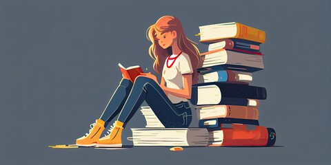 Girl studying. Illustration. Generative AI - obrazy, fototapety, plakaty