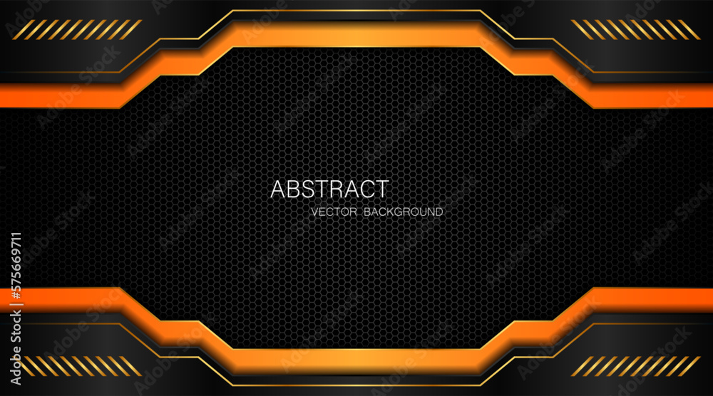Aufkleber abstract black and orange polygon with golden lines on dark steel mesh background with free space fo