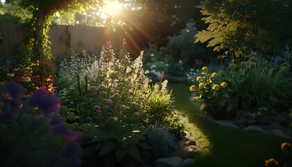 Beautiful rural sunny garden at sunset light. Outdoor background. AI generative image.