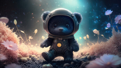 A cute baby black bear astronaut in space with floral and space background. Generative AI technology.