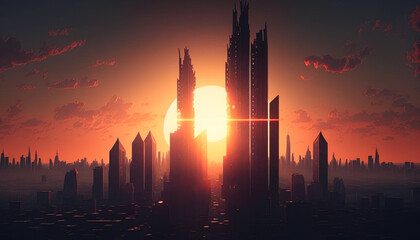 Naklejka premium the sun setting behind a towering city skyline - Generative AI