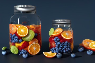 Fototapeta na wymiar a jar filled with fruit sitting on top of a table next to a blueberry and orange fruit salad in a jar next to berries and blueberries. generative ai