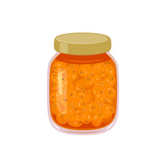 Sea buckthorn jam in glass jar. Vector flat icon of organic sweets. Healthy food illustration.
