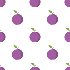 Seamless pattern with fresh plums and green leaf in flat style