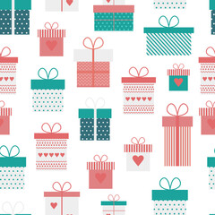 Seamless pattern with pink, white and blue gift boxes with hearts in flat
