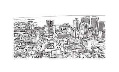 Building view with landmark of Port of Spain is the 
capital in Trinidad and Tobago. Hand drawn sketch illustration in vector.