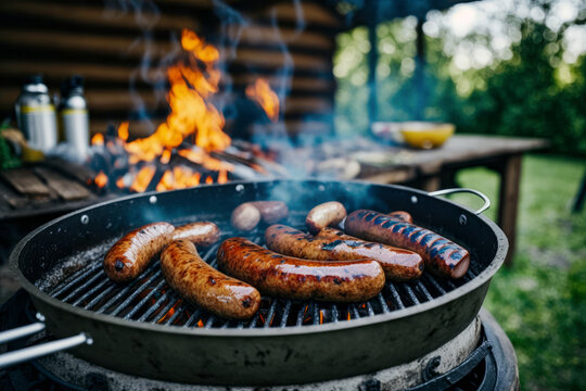 Grilled sausages meat on a barbecue party in garden summertime and food concept.