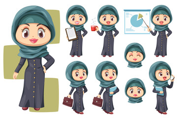 Happy muslim businesswoman wearing hijab in difference compose