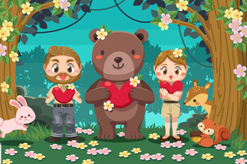 Forest guardian man and woman with wild animal vector