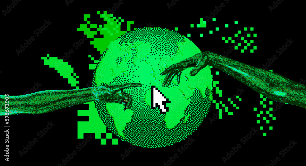 Poster Two 3D hands about to touch each other and a globe on a pixelated glitchy background. The concept of communication in web space.