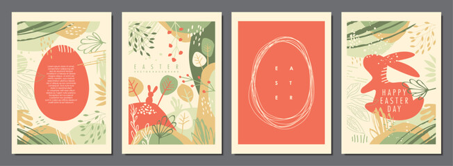 Easter greeting cards and postcards set with artistic drawing of Easter eggs and Easter bunny. Holiday posters and flyers collection with floral pattern. Vector brochure covers.