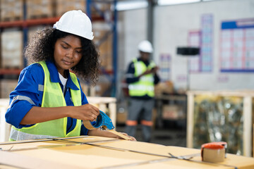 Young beautiful female worker wearing Safety helmet using tape dispenser gun while packing cardboard boxes for the shipment in a distribution warehouse.