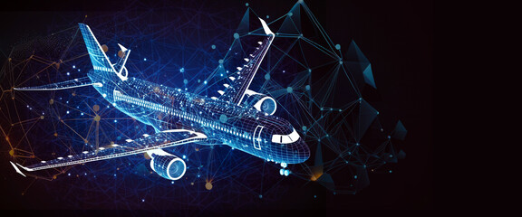 Airplane Blueprint. White Outline Aircraft On Blue Background. Generative AI