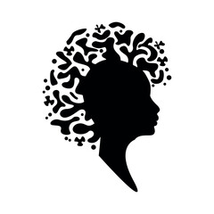 Black silhouette of a girl in profile with a magnificent hairdo drawn by hand with blots, on a white background. vector illustration.emblem,logo.