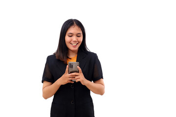 Young asian business woman smiling while holding a cellular phone. Isolated on white with copyspace