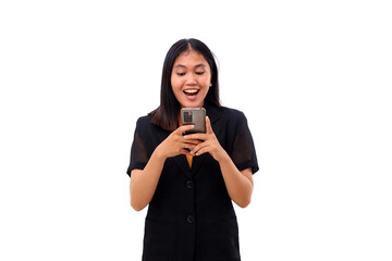 Fototapeta premium Surprised Young asian business woman standing while holding a cellular phone. Isolated on white