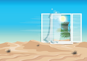 Mirage or window portal to an oasis in a hot desert with bushes. Surreal with repeating doors or windows. Vector illustration