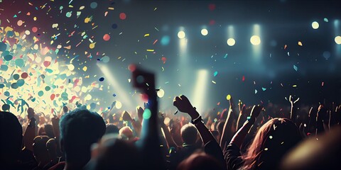 Fototapeta na wymiar People cheering at a music festival. Generative AI