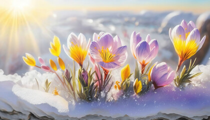 Spring flowers on melting snow. The end of winter. Based on Generative AI