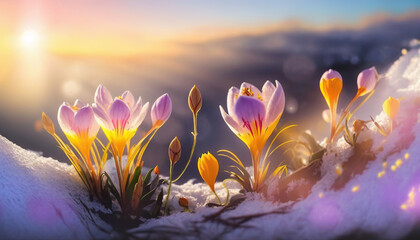 Spring flowers on melting snow. Bright crocus blossoms. The end of winter. Based on Generative AI - obrazy, fototapety, plakaty