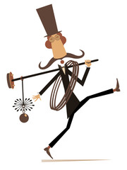 Fototapeta na wymiar Cartoon chimney sweeper illustration. Walking funny chimney sweeper in the top hat holding a rope and chimney brushes. Isolated on white background 