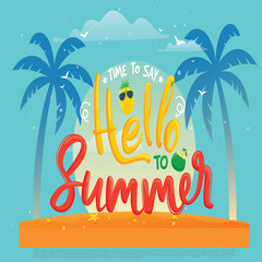 Fototapeta na wymiar Hello summer vector banner template. Hello summer text in white space boarder with colorful beach elements like tropical fruits a beach ball in blue wood textured background. Vector illustration. 