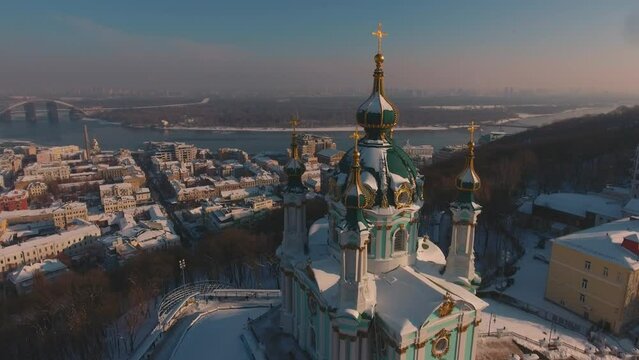 Europe, Kiev, Ukraine - February  aerial view of the Podil area, St. Andrew's Church, Kontraktova Square and Kiev. Old residential buildings overlooking the city.