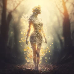 Spring young fairy girl with long hair wearing herbal wreath made of flowers. Full body portrait. AI generative image.