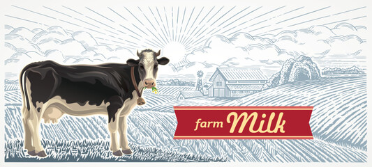 Cow, against the background of a rural landscape with a farm, illustration in a graphic style, with a reference of design packaging.