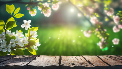 Spring time. Blossoms on wooden table on blurred background of spring garden. Based on Generative AI