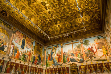 A room completely frescoed with religious subjects, inside Toledo Cathedral, Spain.