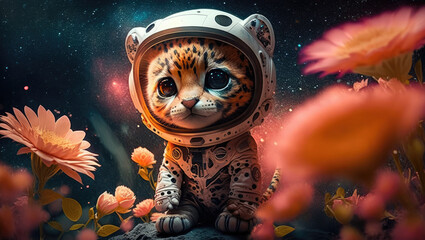 A cute baby cheetah astronaut in space with floral and space background. Generative AI technology.