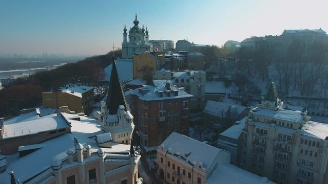 Europe, Kiev, Ukraine - February  aerial view of the Podil area, St. Andrew's Church, Kontraktova Square and Kiev. Old residential buildings overlooking the city.