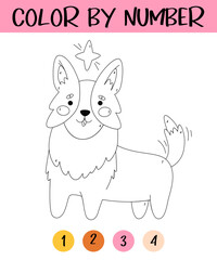 Color by number game for kids. Cute corgi with star. Happy little puppy coloring book. Kawaii dog. Printable worksheet with solution for school and preschool. Learning numbers activity.
