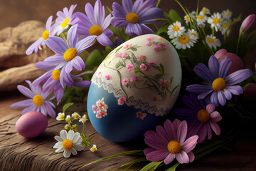 Easter eggs and Bloomed Spring Flowers. Generative Ai