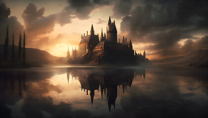 Fototapeta na wymiar magical castle scene with sunset over the river -ai generative 