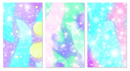 Fairy background. Unicorn pattern. Mermaid rainbow. Magic stars.