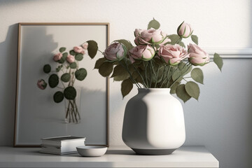 Scandinavian Table with Pink Roses Illustration. AI generated.