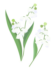 White bell flower branch with green leaves isolated on a white background. Set of bell flowers.