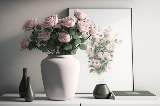 Scandinavian Table with Pink Roses Illustration. AI generated.