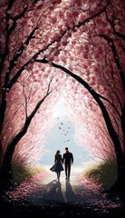Romantic Couple Walks Through Blooming Cherry Blossom Tunnel (created with Generative AI)