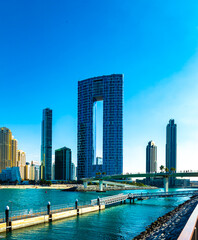 Fototapeta premium Dubai - landscape and light show with skyscrapers and modern architece