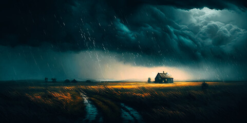 Fototapeta premium Rain pouring down on a lonely field, the distant sound of thunder echoing in the background