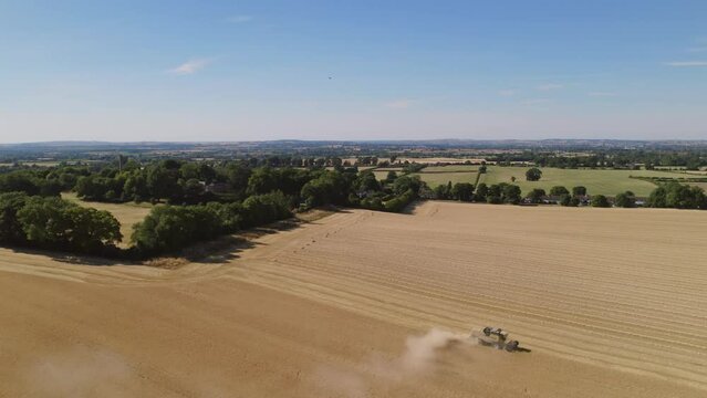 Coombe Hill Buckinghamshire Countryside Combine At Work Wide Field Aerial Drone 2